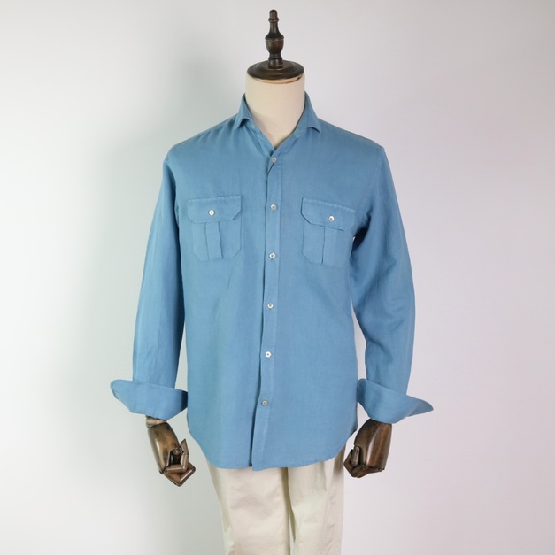 Camisa dos bolsillos lino/algodón azul claro