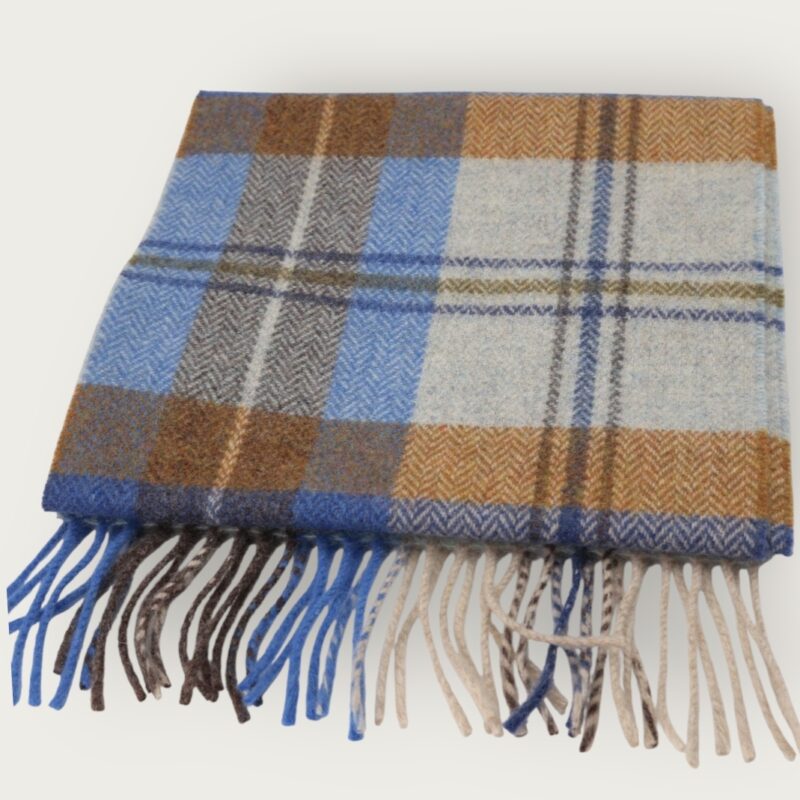 Bufanda de cuadros azul, celeste, beige y marrón